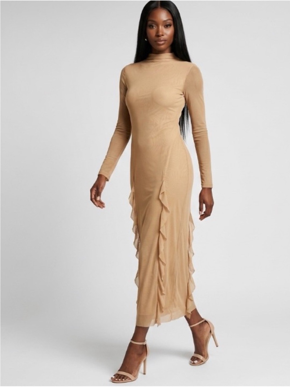 Zara Camel Long-Sleeve Ruffle-Trim Maxi Dress